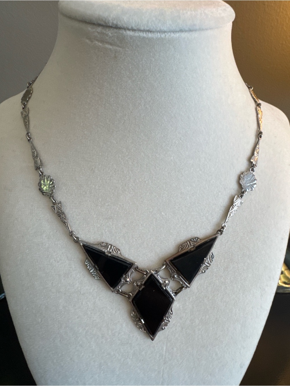 Vintage Germany Art Deco Revival Black Glass Geometric Necklace - Picture 2 of 6